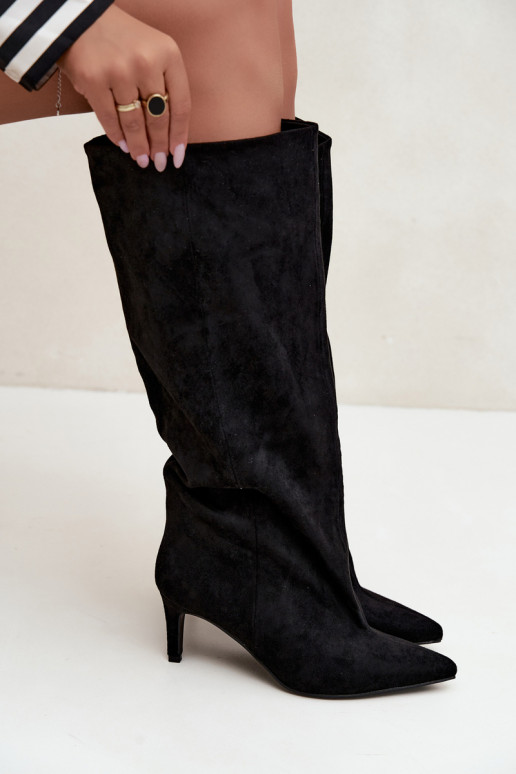 botas altas femininas slip-on com saltos em preto Favra