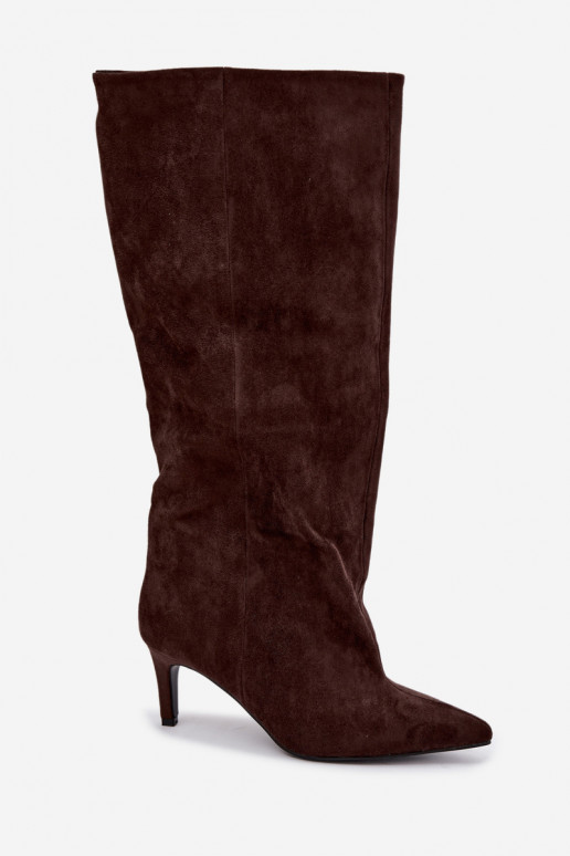 botas altas femininas slip-on com saltos em chocolate Favra