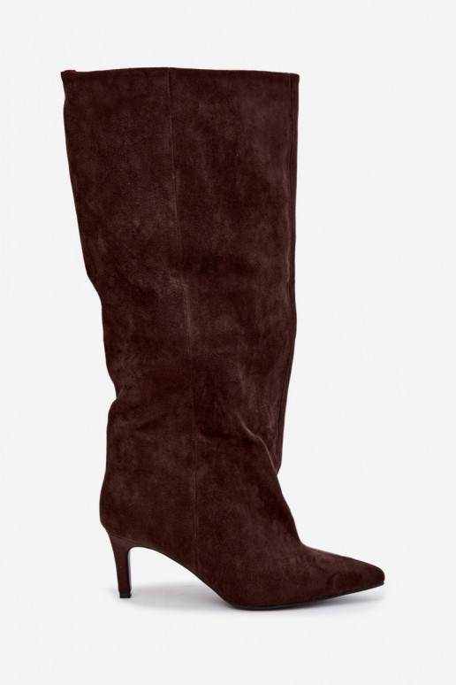 botas altas femininas slip-on com saltos em chocolate Favra