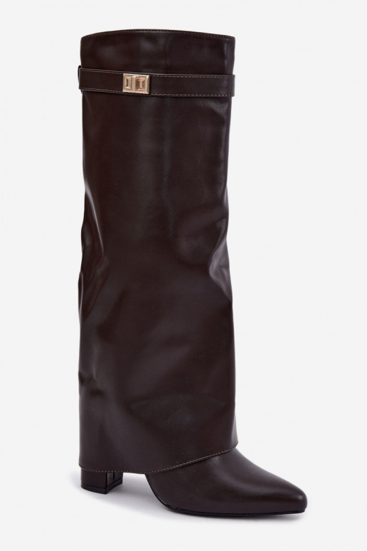 botas altas femininas em couro sintético chocolate com salto Avamora