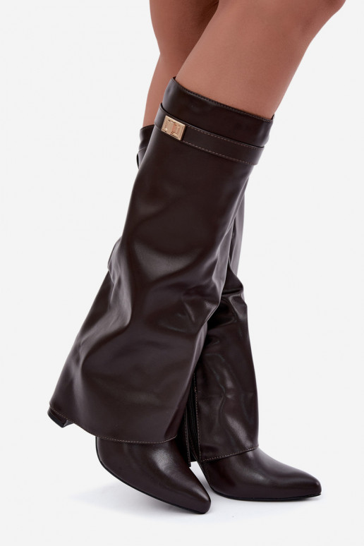 botas altas femininas em couro sintético chocolate com salto Avamora
