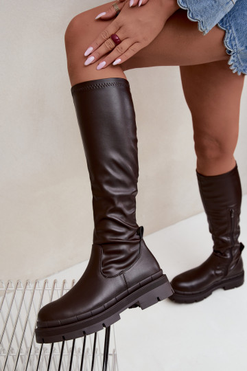 botas altas femininas com plataforma em couro sintético CzekoladoĮe