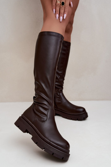 botas altas femininas com plataforma em couro sintético CzekoladoĮe 2