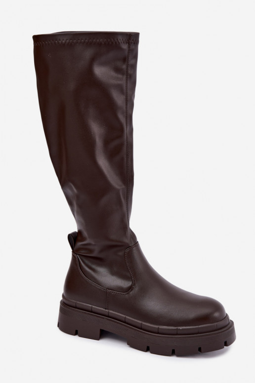 botas altas femininas com plataforma em couro sintético CzekoladoĮe