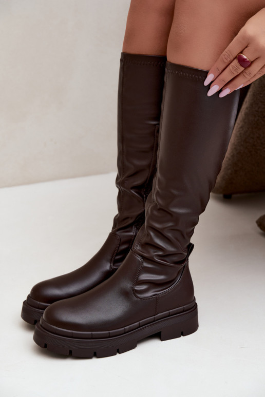 botas altas femininas com plataforma em couro sintético CzekoladoĮe
