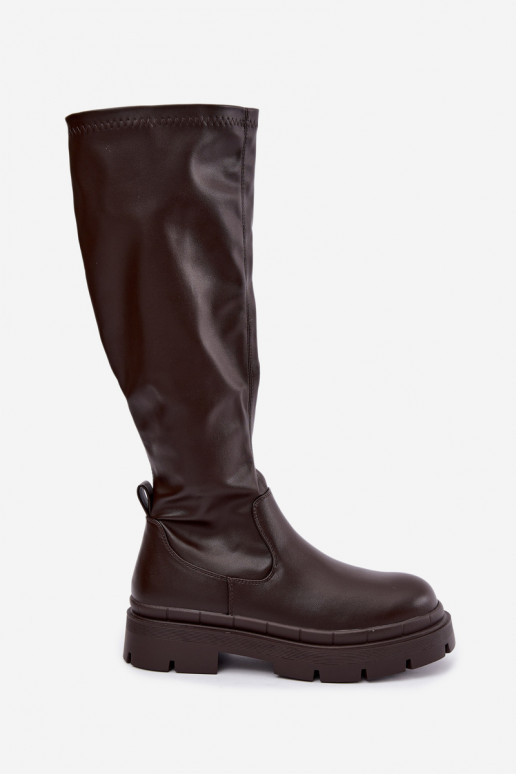 botas altas femininas com plataforma em couro sintético CzekoladoĮe