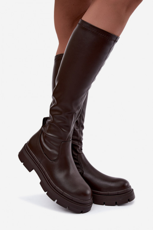 botas altas femininas com plataforma em couro sintético CzekoladoĮe