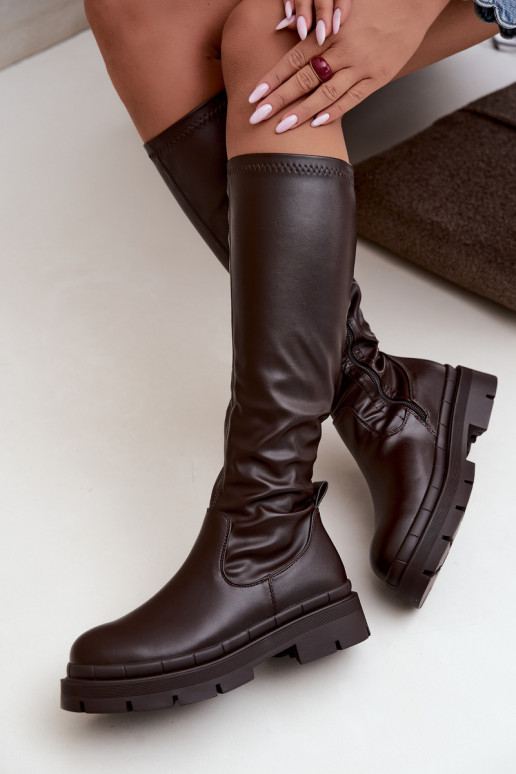 botas altas femininas com plataforma em couro sintético CzekoladoĮe