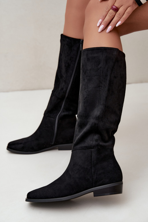 botas altas femininas com salto baixo, forradas em preto Feretta