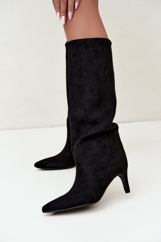 botas altas femininas slip-on, forradas com saltos finos em preto Olivienne