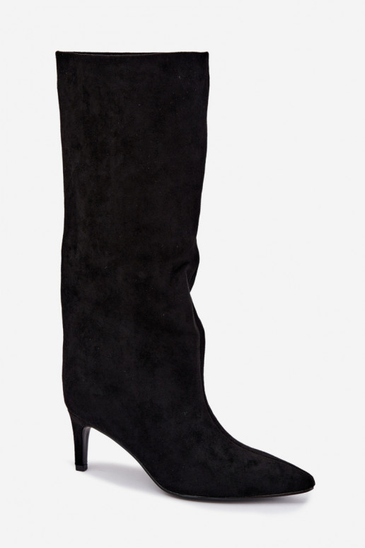 botas altas femininas slip-on, forradas com saltos finos em preto Olivienne