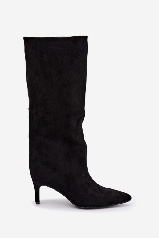 botas altas femininas slip-on, forradas com saltos finos em preto Olivienne