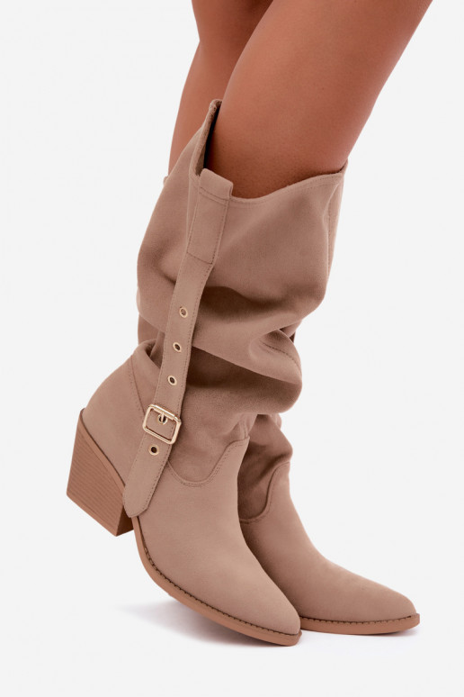 botas altas femininas enrugadas em estilo cowboy com tiras e saltos em areia Adria