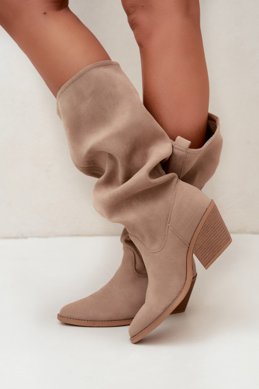 botas altas femininas enrugadas em estilo cowboy com tiras e saltos em areia Adria