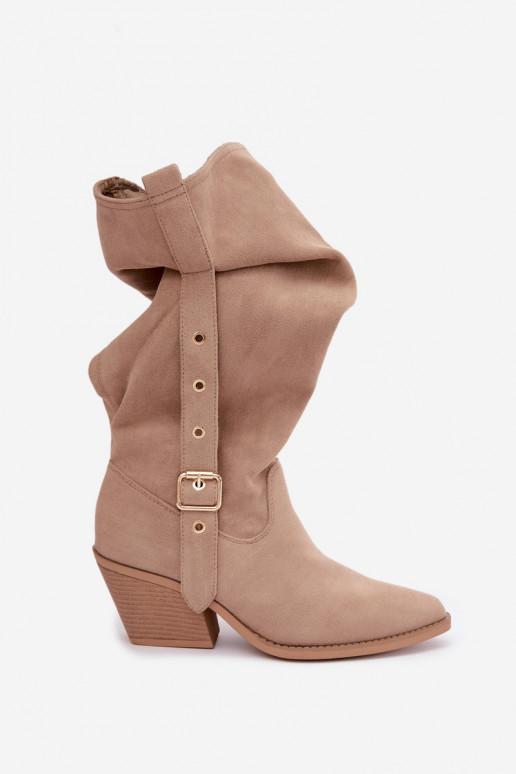 botas altas femininas enrugadas em estilo cowboy com tiras e saltos em areia Adria