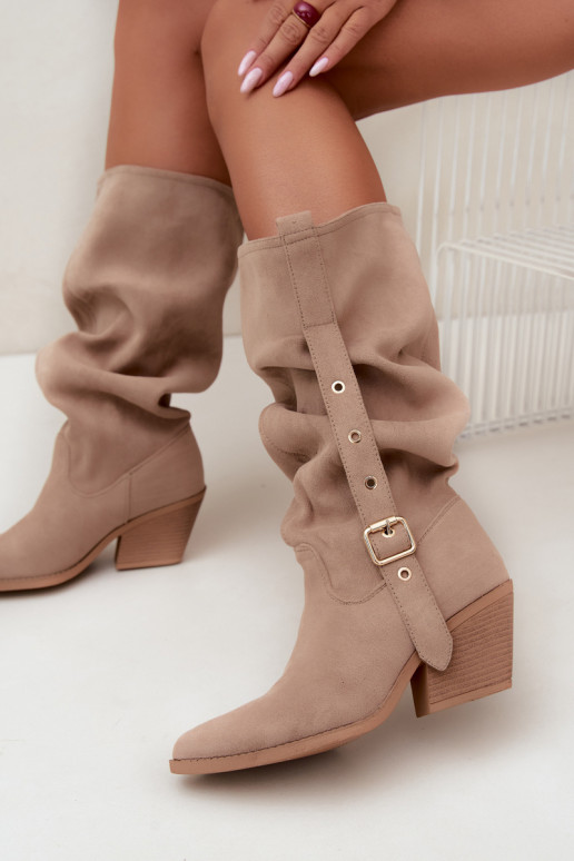 botas altas femininas enrugadas em estilo cowboy com tiras e saltos em areia Adria