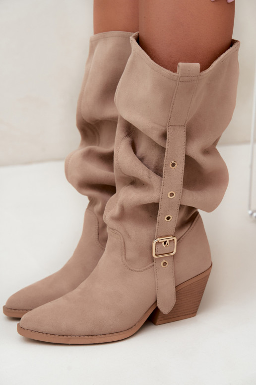 botas altas femininas enrugadas em estilo cowboy com tiras e saltos em areia Adria