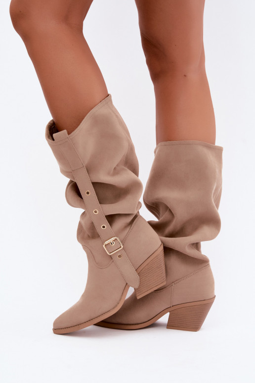 botas altas femininas enrugadas em estilo cowboy com tiras e saltos em areia Adria
