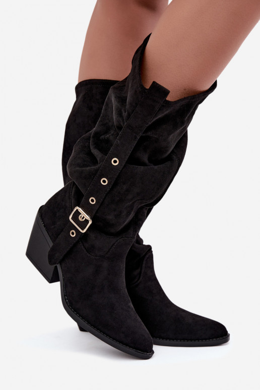 botas altas femininas enrugadas em estilo cowboy com tiras e saltos em preto Adria