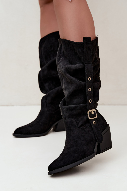 botas altas femininas enrugadas em estilo cowboy com tiras e saltos em preto Adria