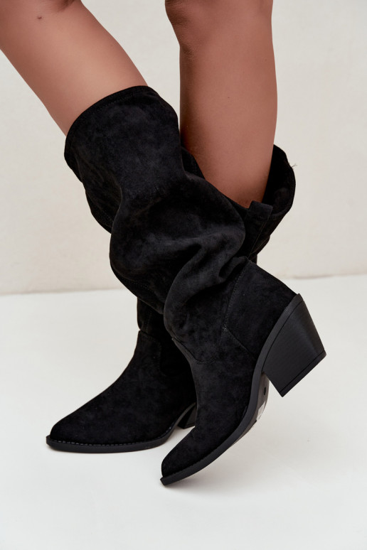botas altas femininas enrugadas em estilo cowboy com tiras e saltos em preto Adria