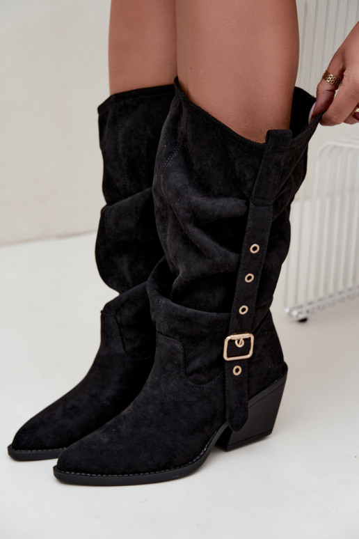 botas altas femininas enrugadas em estilo cowboy com tiras e saltos em preto Adria