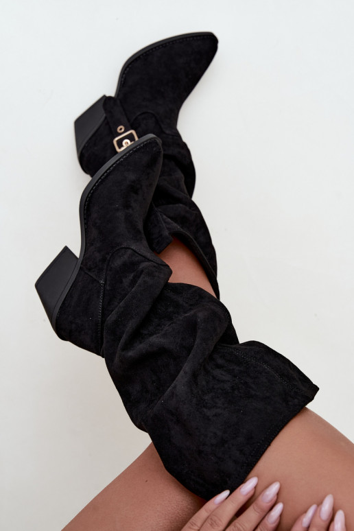 botas altas femininas enrugadas em estilo cowboy com tiras e saltos em preto Adria