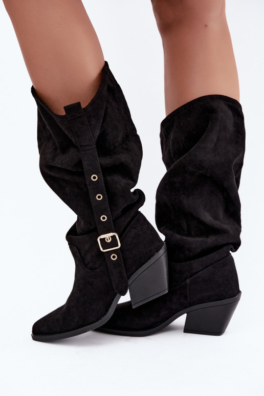 botas altas femininas enrugadas em estilo cowboy com tiras e saltos em preto Adria