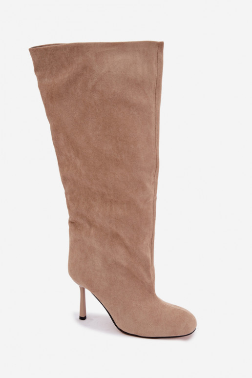 botas altas femininas slip-on com saltos finos em areia Caliya