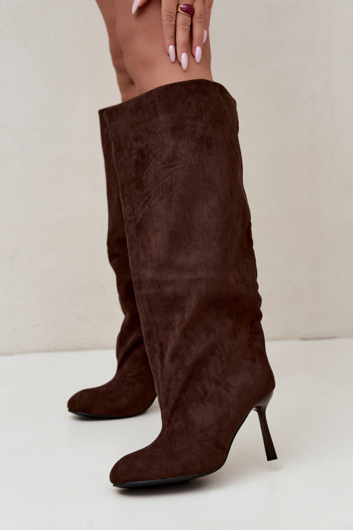 botas altas femininas slip-on com saltos finos em CzekoladoĮe Caliya