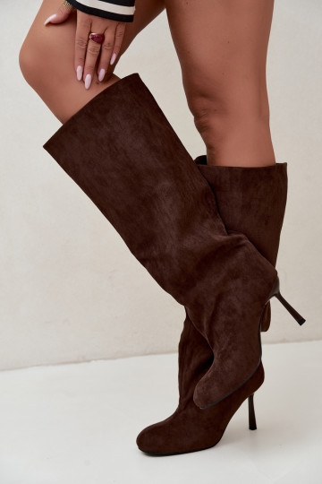 botas altas femininas slip-on com saltos finos em CzekoladoĮe Caliya 2