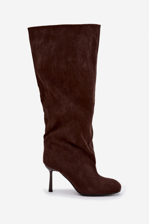botas altas femininas slip-on com saltos finos em CzekoladoĮe Caliya