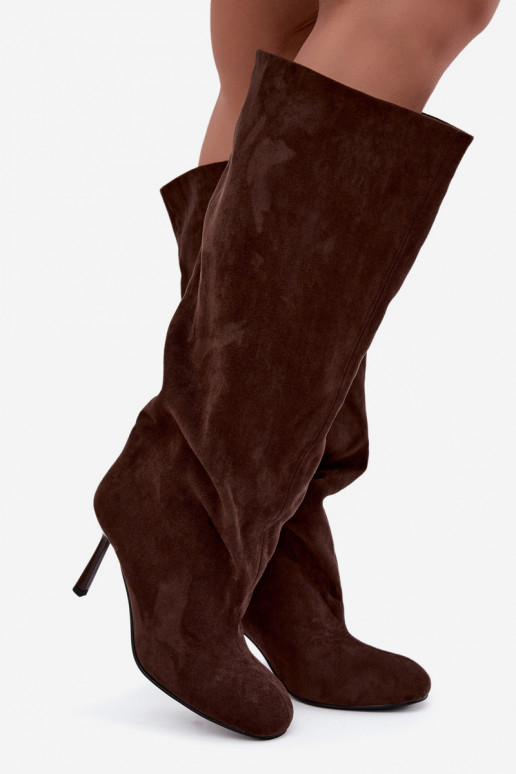 botas altas femininas slip-on com saltos finos em CzekoladoĮe Caliya