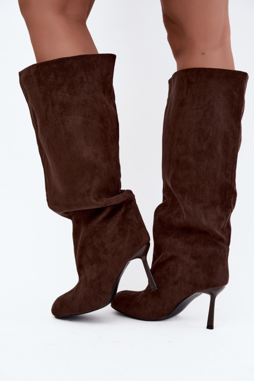 botas altas femininas slip-on com saltos finos em CzekoladoĮe Caliya