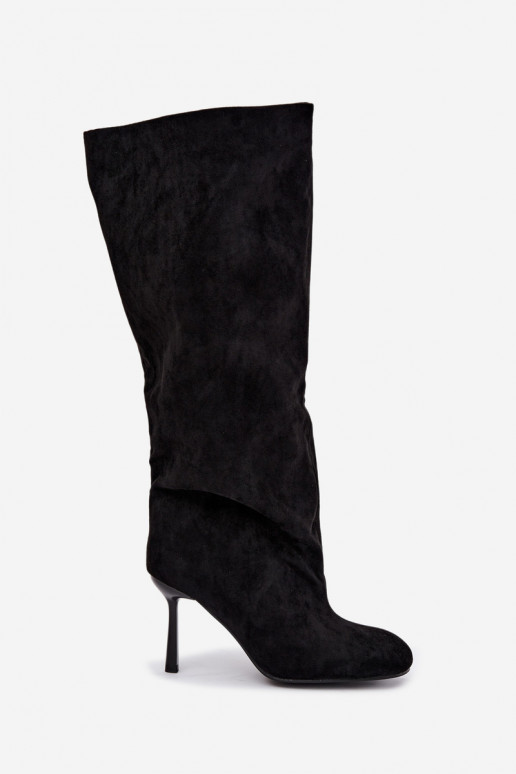 botas altas femininas slip-on com saltos finos em preto Caliya