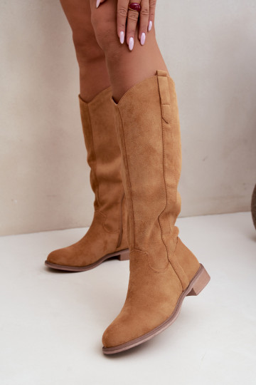 Botas femininas de cano alto com saltos largos em marrom Gilena 2