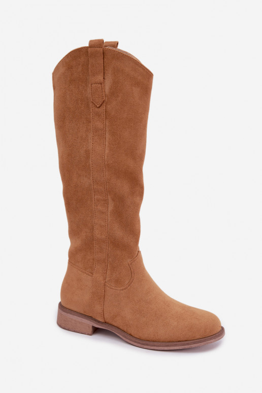 Botas femininas de cano alto com saltos largos em marrom Gilena