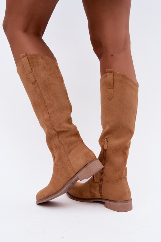 Botas femininas de cano alto com saltos largos em marrom Gilena