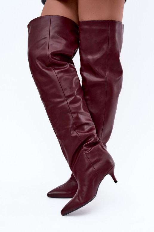 botas altas femininas slip-on com saltos finos em bordô Ysolienne