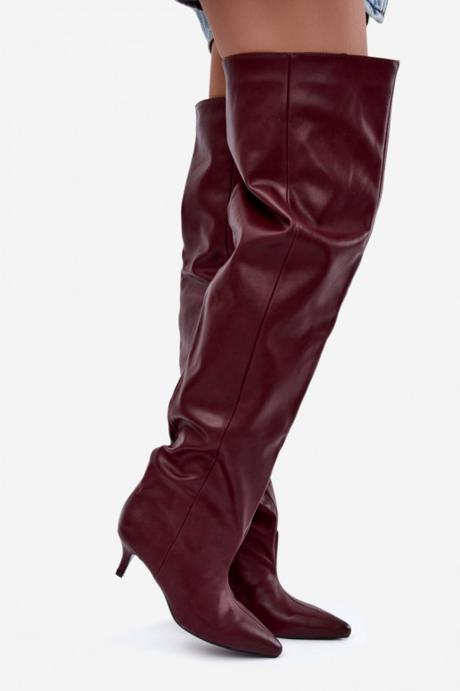 botas altas femininas slip-on com saltos finos em bordô Ysolienne