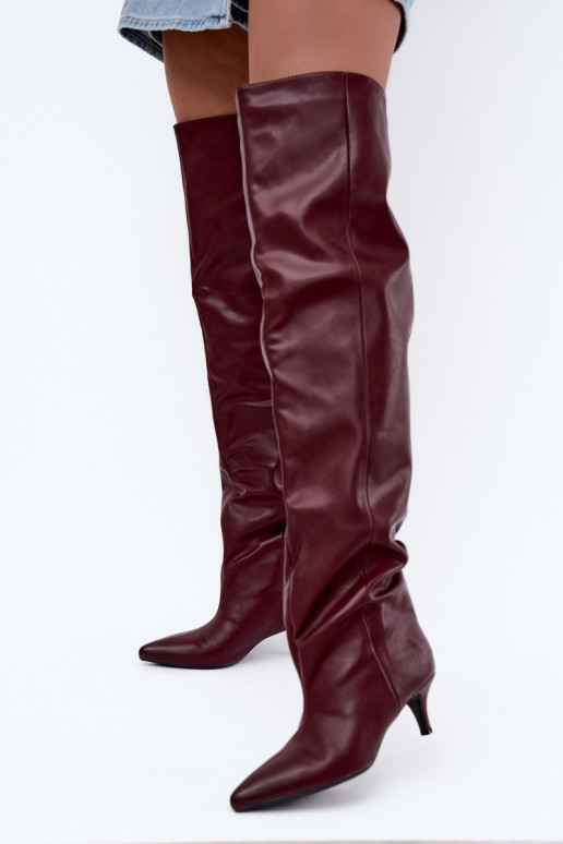 botas altas femininas slip-on com saltos finos em bordô Ysolienne