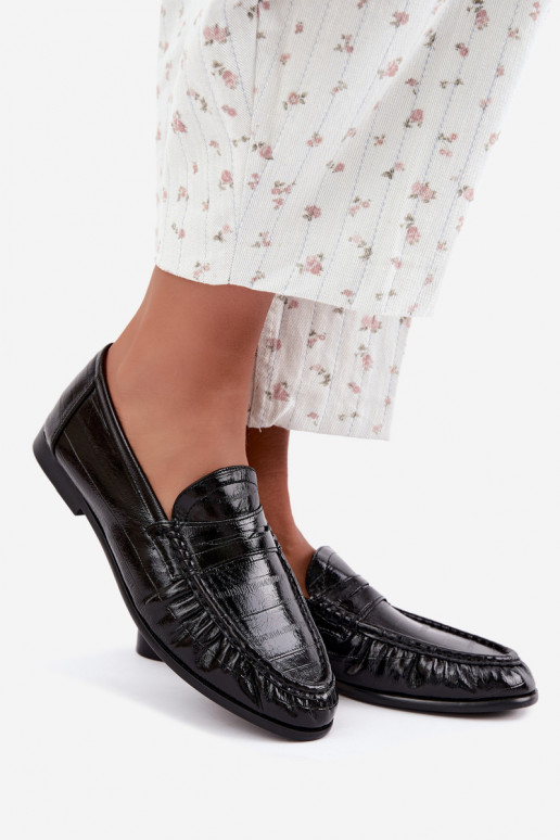 Mocassins brilhantes femininos com babados na cor preta Dulcy