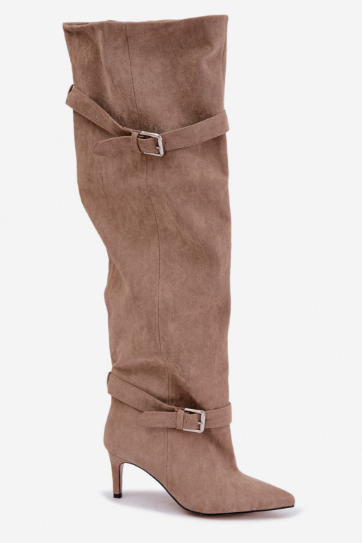 Botas de salto acima do joelho com tiras e fivelas na cor areia Tai turibel