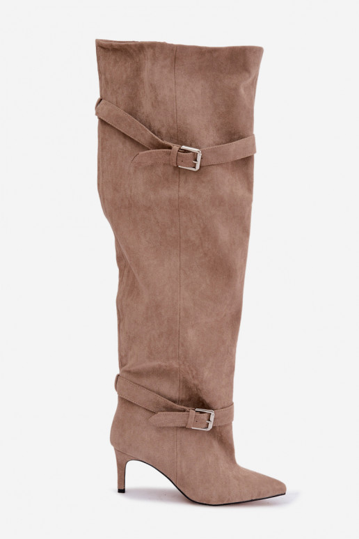 Botas de salto acima do joelho com tiras e fivelas na cor areia Tai turibel