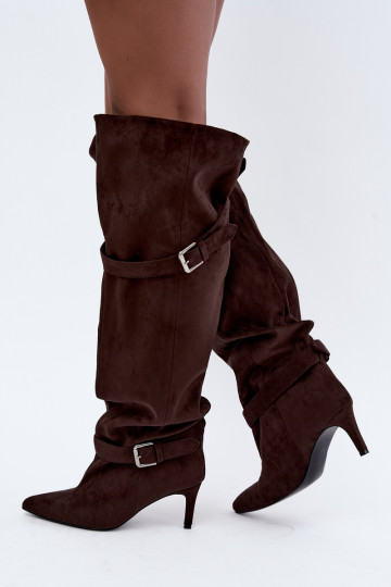 Botas de salto acima do joelho com tiras e fivelas na cor chocolate Tai turibel