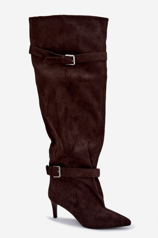 Botas de salto acima do joelho com tiras e fivelas na cor chocolate Tai turibel