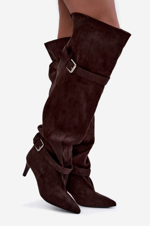 Botas de salto acima do joelho com tiras e fivelas na cor chocolate Tai turibel