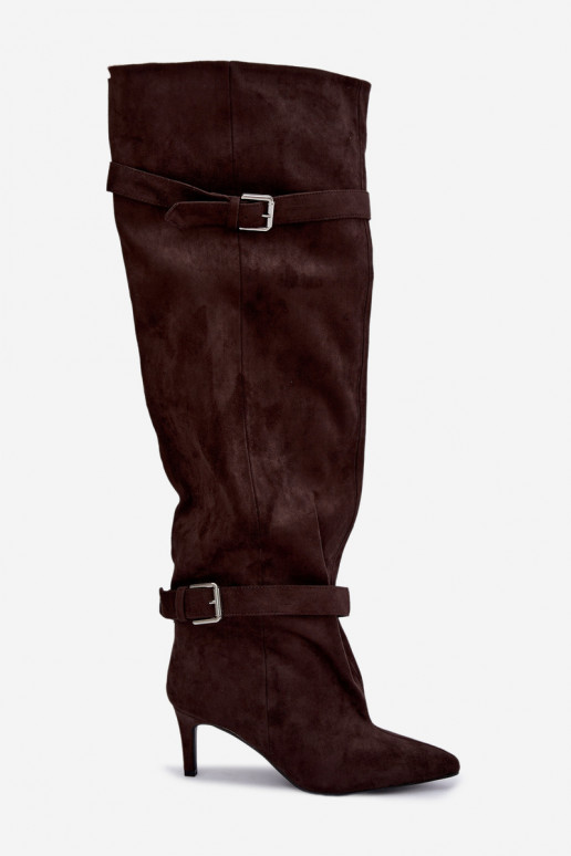 Botas de salto acima do joelho com tiras e fivelas na cor chocolate Tai turibel