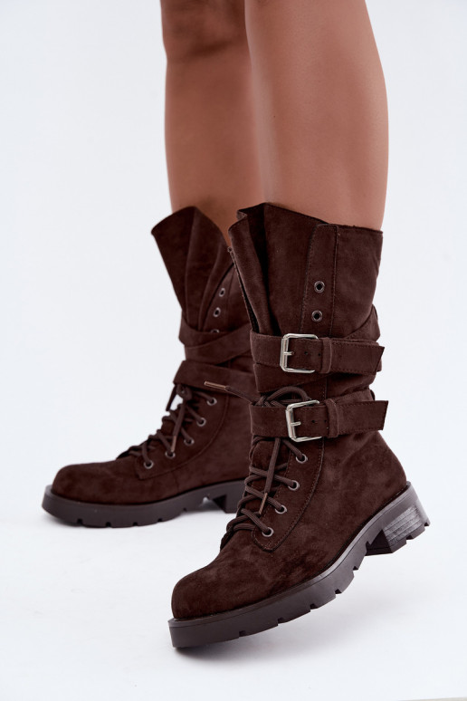 botas de trabalho acolchoadas de tornozelo com fivelas na cor chocolate Patsy