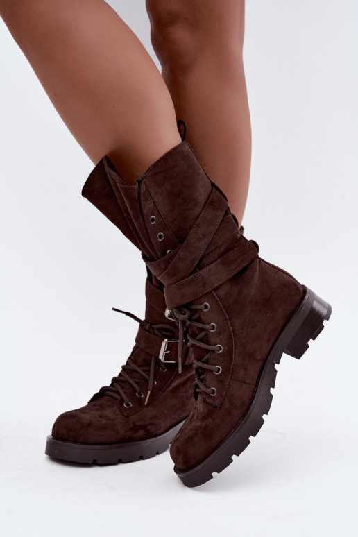 botas de trabalho acolchoadas de tornozelo com fivelas na cor chocolate Patsy
